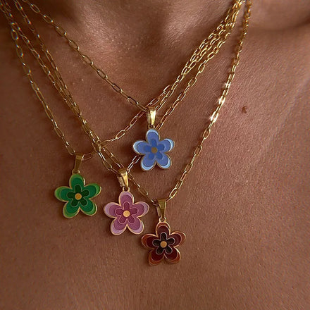 18K Gold Plated Stainless Steel Necklace Colorful Flower Pendant Paper Clip Chain Choker Necklaces for Women Men