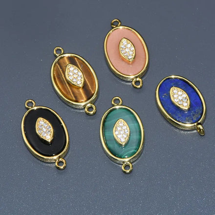 Customer Making Necklace Bracelet Making Accessory Natural Gemstone Oval Shape Gold Plated Connectors Pendant