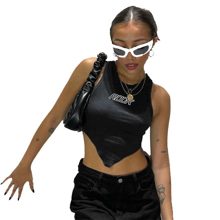 KY Women's Cropped Sleeveless V Washed Rib Jersey Fabric Tops New Design Raw Edge XS Crew Neck Club Daily Hip Hop Compressed