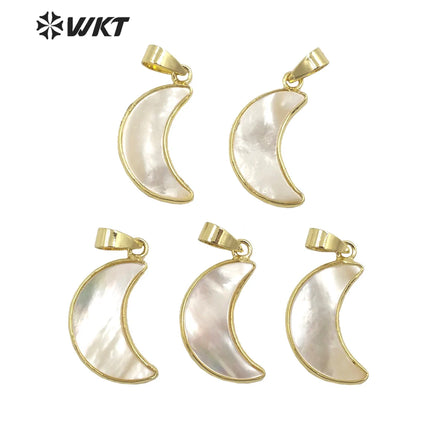 WT-JP319 Super Hot Natural Mother of Pearl White Shell Moon Pendants With Gold Bezel Lovely Tiny Crescent Jewelry Finding