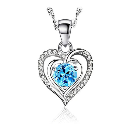 Blue Zircon Heart Charm Pendant Necklace and Sterling Earring Wedding Party Gift Jewelry Set for Women