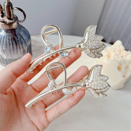 11.5CM Handmade Flower Metal Hair Accessories Clips Shiny Crystal Pearl Alloy Large Hair Claw