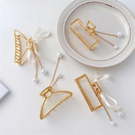 2022 Korean New Arrival Elegant Alloy Hair Pin Geometric Ponytail Clip Girls Pearl Tassel Hair Claw