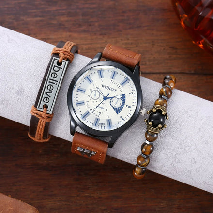 Fashion 3PCS Watch Gift Set Quartz Watch and Bracelet Set Stylish Leather Men Watch Sets With Box