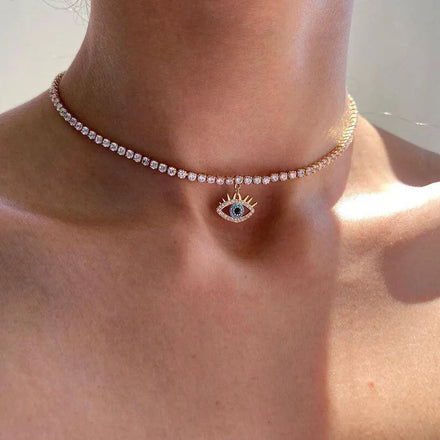Wholesale Luxury Ziroone Devil Eye Pendant Diamond Tennis Chain Blue Glass Evil Eye Choker Necklace