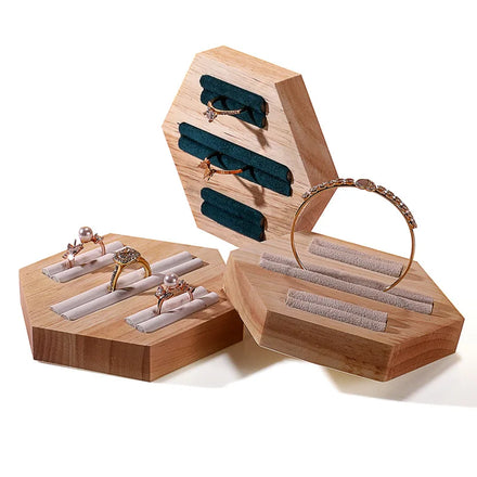 Modern Hexagonal Wood Black Beige White Green Leather Rings Bangle Bracelet Display Stand