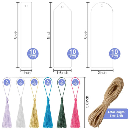 30Pcs Small Bookmark Tassels for DIY Projects Graduation Gift Tag Blank Transparent Clear Acrylic Bookmarks
