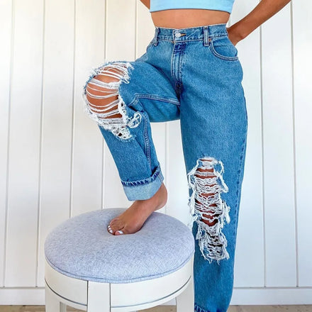 Clothing Vendor Good Price Wholesale Blue Jeans Casual Women Ripped Boyfriend Jeans