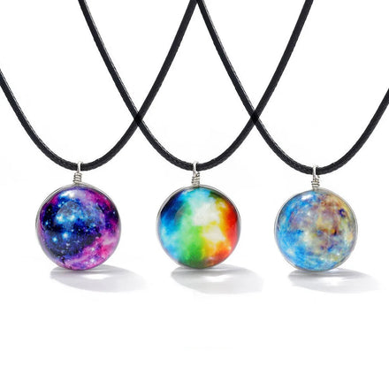 Handmade Nebula Space Universe Galaxy Glass Ball Charm Leather Rope Chain Pendant Choker Necklace Jewelry for Women Girls