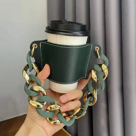 Newest Leather Coffee Cup Holder PU Leather Acrylic Chain Tea Carrier Handle Water Bottle Cover Sleeves for Tea Cups Saucers