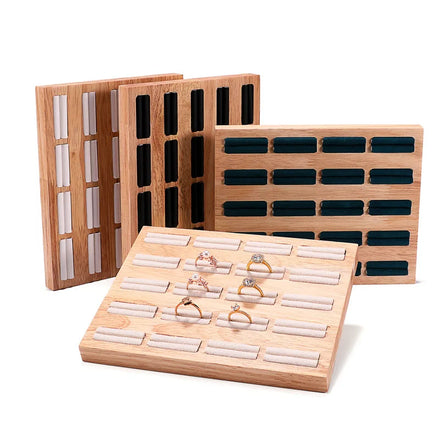 Rectangular 20 Slots Rings Display Tray Holder Organizer Wood Black Leather Jewelry Rack Tray