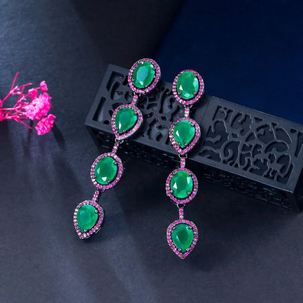 Elegant Fuchsia Green CZ Tear Drop Oval Cut Cubic Zirconia Stones Long Drop Earrings for Women Party Wedding Jewelry Accessories