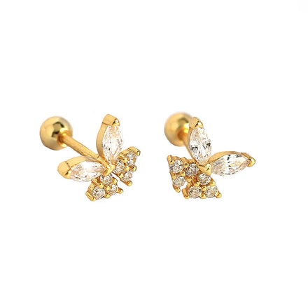 Wholesale Shiny CZ Butterfly Earrings 925 Sterling Silver Screw Backs Gold Plated Butterfly Stud Earrings