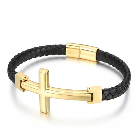 KALEN Unisex 220mm Stainless Steel Gold/Silver Plated Christian Cross Leather Bracelet