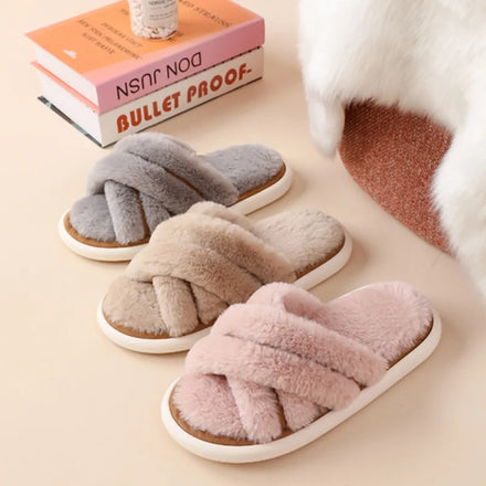 MIO Women Soft Plush Cross Strap House Slippers Winter Warm Fluffy Furry Cozy Faux Fur on Breathable Sandals Indoor