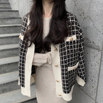 Wholesale 2026 Autumn and Winter Retro Thousand Bird V-Neck Single Breasted Loose Long Sleeve Knitted Cardigan Sweater Coat