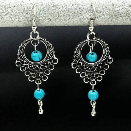 2022 Fashion Retro Ethnic Style Hollow Turquoise Water Drop Earrings Bohemian Tassel Ear Stud Earrings Jewelry for Women