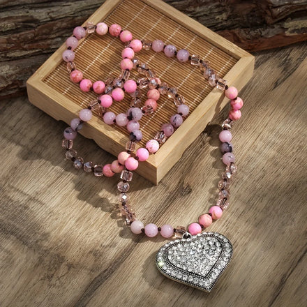 Women Jewelry 8mm pink Imperial Natural GemStone Crystal Glass Necklace Holiday Gift Alloy Rhinestone Heart Pendant Necklace