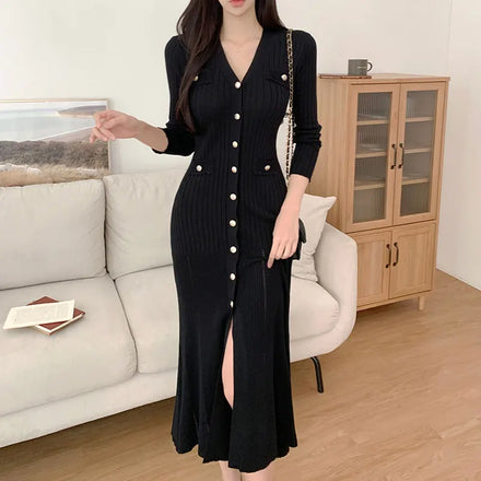 Wholesale 2026 Korean Chic Autumn and Winter Elegant V-neck Single Breasted Slim Slim Split Knit Heel Fishtail Dress