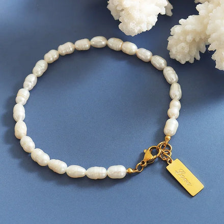 High End Gold Plated Stainless Steel Rectangle Pendant Fresh Water Pearl Chain Bracelet for Women Wholesale Jewelry