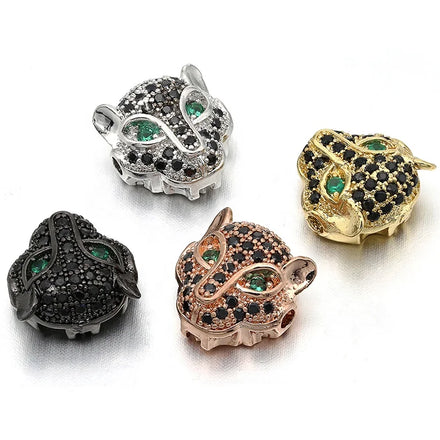 Necklace Bracelet Micro Pave CZ Crystal Leopard Head Spacer Beads Gold & Silver Brass Real Gold Plated