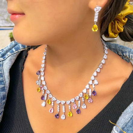 Silver Plated Full Water Drop Multicolor Cubic Zircon Stone Tassel Necklace and Earring Prom Engagement CZ Jewelry Set for Women