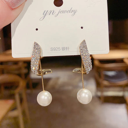 Korean Fashion Tassel Long Crystal Earrings Women Fashion Water Drop Crystal Pearl Earrings