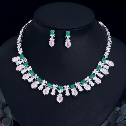Women Fancy and Elegant Leaf Flower Shape Pink CZ Necklace Earrings Green Opal Cubic Zirconia Wedding Jewelry Set for Bridal