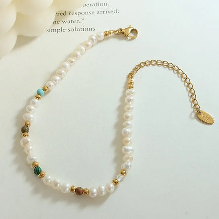 Ins Style Fashion Jewelry Stainless Steel Gold Plated Beaded Bracelet Natural Freshwater Pearl Natural Stone Bracelet Jewelry