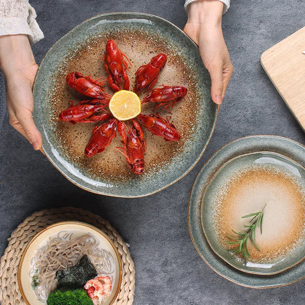 High Value Retro Japanese Western Tableware Set Microwaveable Ceramic Salad Plate Eco-Friendly Hotel Dishes Plates Fashionable
