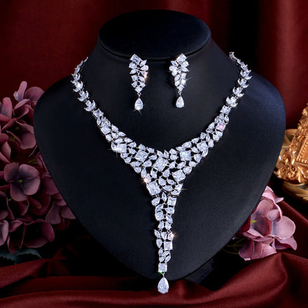 High Quality Luxury Statement Cubic Zirconia Drop Chunky Nigerian Wedding Necklace and Earring Bridal Jewelry Set for Women