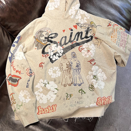 100% Cotton Custom Cropped Raw Hem Eco-Friendly 430g Heavyweight Winter Hoodie for Men Graffiti DTG Printing Cartoon Pattern