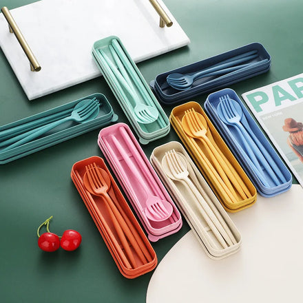 Eco Friendly Jiademei Camping Travel Cutlery Set Wheat Straw Knife Fork Spoon Chopsticks Tableware with Portable Box