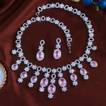Flower Oval Cut Pink Cubic Zircon Tassel Necklace Earrings Luxury Wedding Engagement Jewelry Set for Women Birthday's Gifts