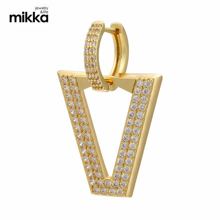 Hip-Hops Bling Crystal Rhinestone Triangle Dangle Earring 18K Gold Plated V Shape Cubic Zirconia Huggie Earring