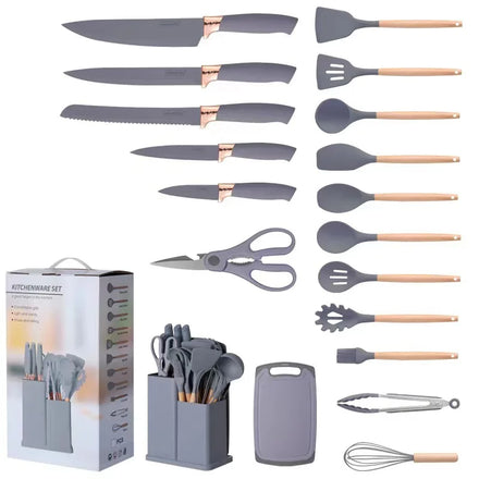 Newest 19-piece Set of Silica Gel Kitchen Utensil Set with Wooden Handle and Cuttings Board Storage Bucket Kitchen Gadget Set