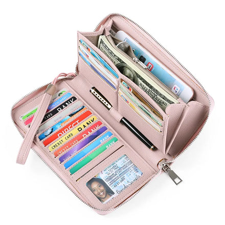RFID Blocking Leather Large Capacity Zip Purse Phone Holder Clutch Women Wallet With Wristlet