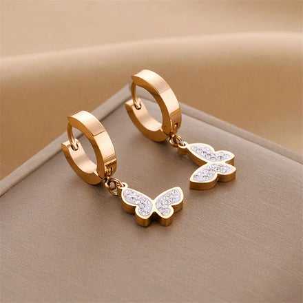 Newest18K Rose Gold Plated Butterfly Huggie Earrings Shiny Crystal Titanium Steel Butterfly Earrings