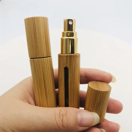 Mini Size 5ml 10ml Bamboo Refilled Spray Perfume Bottle with Bamboo Lidinner Plastic Bottle Hand Sanitizing Spray Mist Bottle