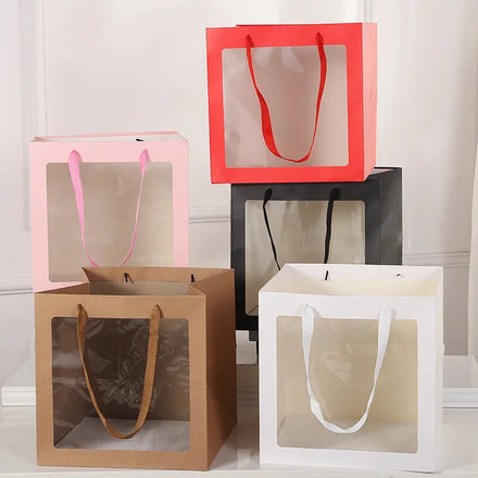 Custom logo Print Wide Base square Bakery Shopping Paper Bags With Window for Cake Box Packaging