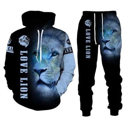 Men's 3D Lion Print Tracksuit Set - Hoodie & Jogger Pants Casual Streetwear Sweatsuit for Hip Hop & Daily Wear