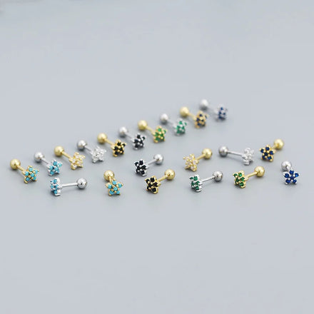 S925 Cubic Zircon Screw Stud Earrings Women Real Gold Plating Colorful Cubic Zircon Flower Stud Earrings
