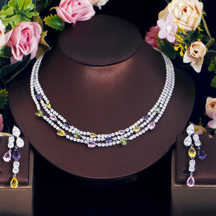 Fashion Rhodium Plated 3 Layer Multicolor Cubic Zirconia Water Drop Women's Party Earrings and Necklace Jewelry Set for Bridal
