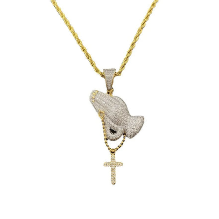 Dainty New Iced Out Cubic Zirconia Stones Parying Prayer Hands Pendant Rosary Cross Pendant Necklace