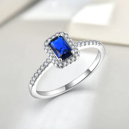 LULUFOCUS 925 Sterling Silver Princess Cut Blue Sapphire With White Zircon Fashion Ring