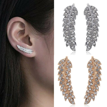 Fashion Trendy Feather Leaf Stud Earring Women Alloy Rhinestone Gold Silver Jewelry Xmas Gift