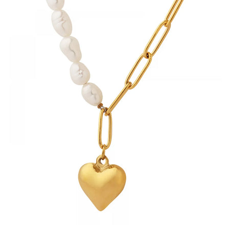 Wholesale Fashion Jewelry Women Stainless Steel 18K Gold Plated Real Freshwater Pearl Heart Charms Necklaces
