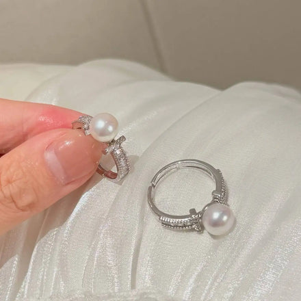 T-shaped Zirconia Inlaid Balance Beam Ring with AAAA Grade Platinum Plated Women's Luxury White Bread Pearl 8-9mm Adjustable