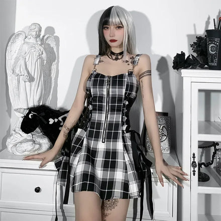 Gothic Plaid for Black Blue Women's Vintage Sleeveless Zipper Sexy Mini Dress Punk Aesthetic Summer Eco-Friendly Natural