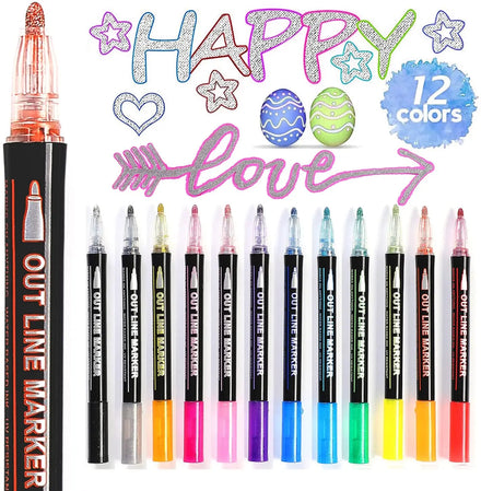 12-Color Double Outline Marker Pen Set Hand Drawing for Gift Card PP Plastic Permanent Glass Ceramic Rock Metal for Art